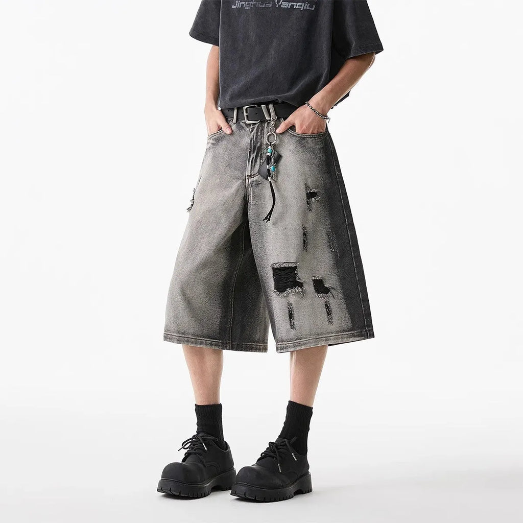 High Street Water Washed Hole Denim Shorts in gray, loose cropped fit, cotton fabric, for summer