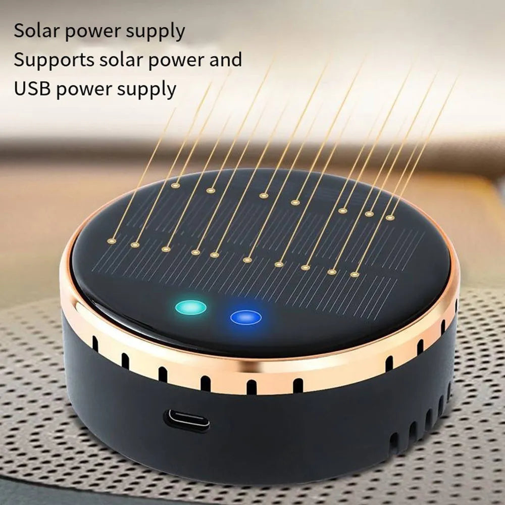 Black solar-powered car air humidifier mounted on a car air vent