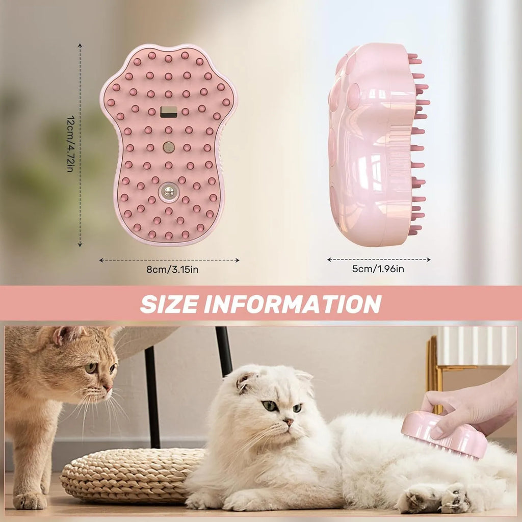 Blue self-cleaning cat steam brush with silicone bristles and release button