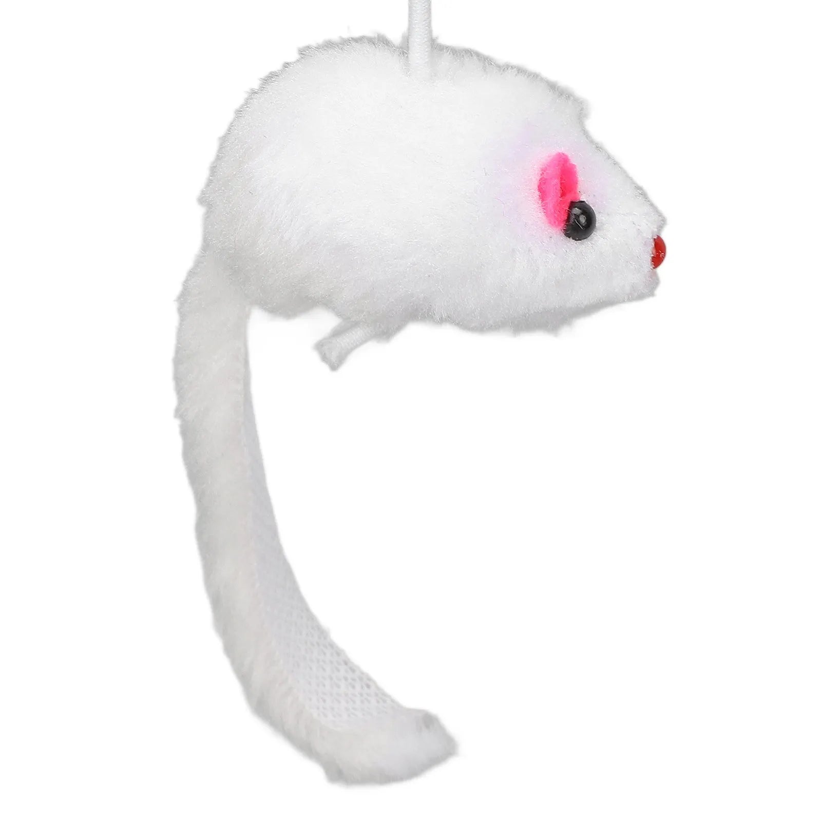 Blue cat toy with bell ball and treat dispenser, plush mouse stick, 30cm tall, on floor