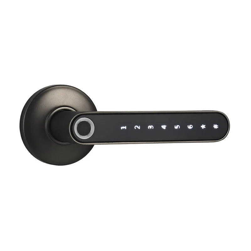 Black alloy smart lock with fingerprint sensor and keyless door handle for home use