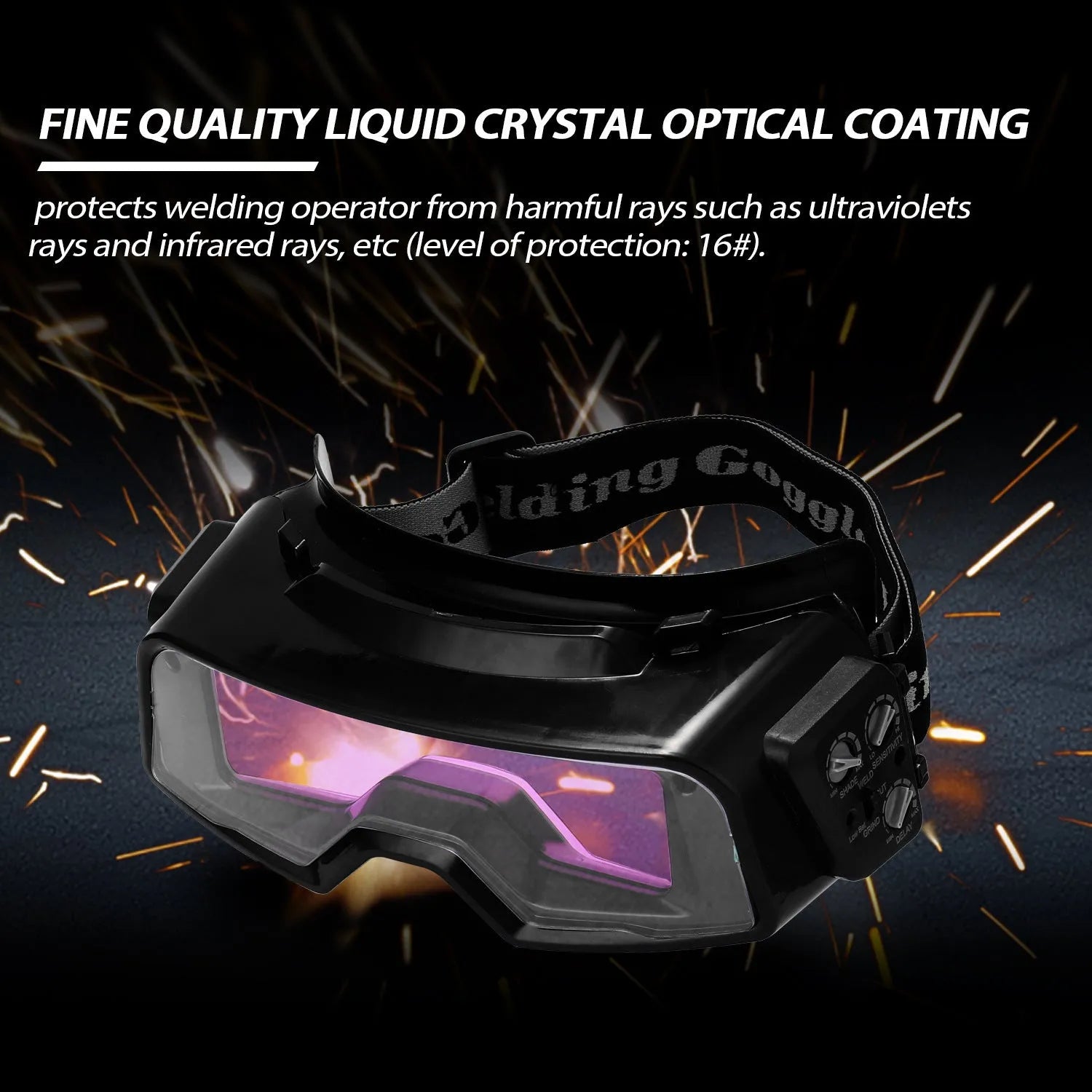 Black automatic darkening welding mask with a large rectangular viewing lens and adjustment controls on the side.