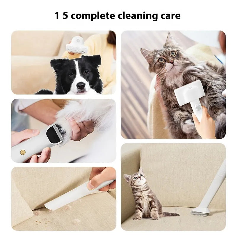 Pink and white pet grooming vacuum cleaner with conditioner dispenser and attachments