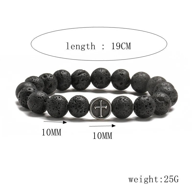 Close-up of a geometric cut volcanic agate bracelet with stainless steel finish, showing 10mm beads.