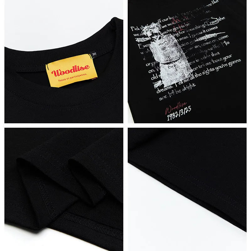 Men's black retro hip hop style T-shirt with white letter printing and raglan sleeves
