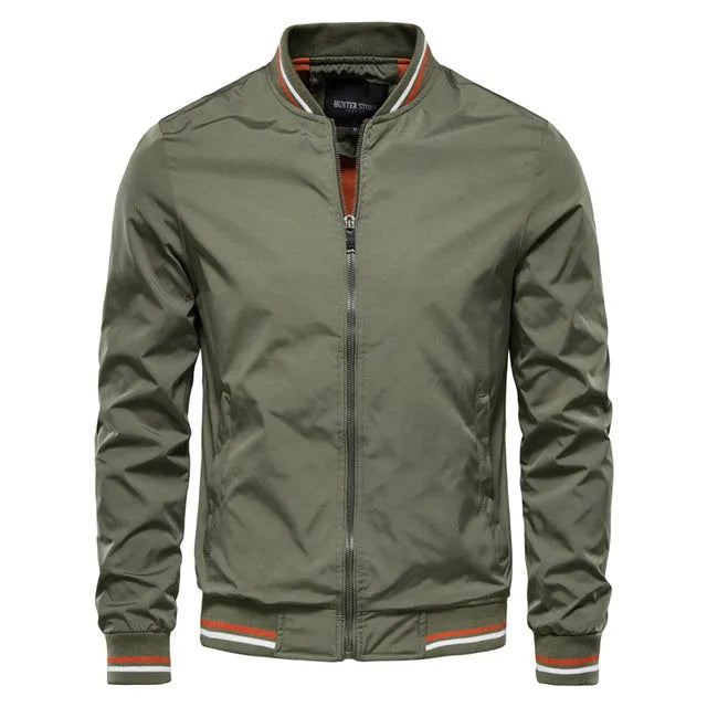 Men's striped zip-up jacket with pockets, badge detail, in Army Green colour