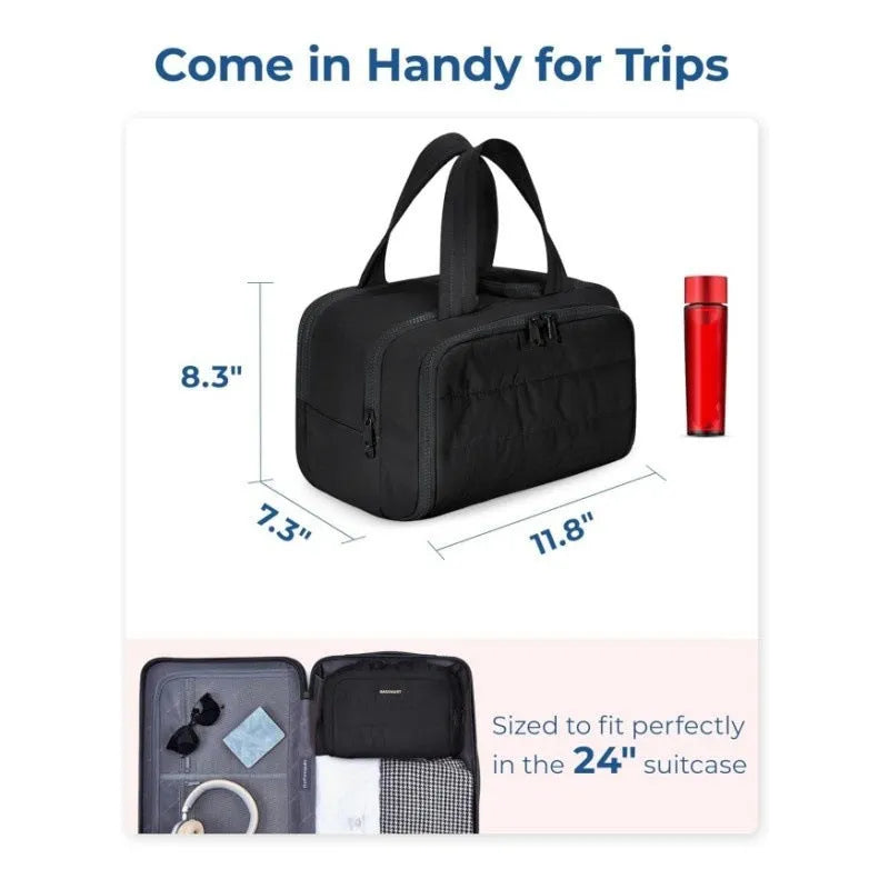 Large lightweight travel toiletry bag in beige colour with wide open top showing spacious interior.