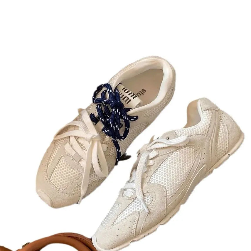 Retro German training women's sports casual shoes flat heel round toe artificial PU upper lace-up beige khaki