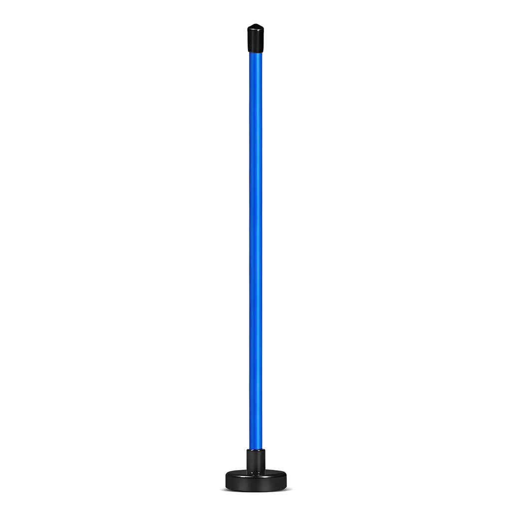 Red and blue aluminium alloy golf swing trainer with magnetic direction and alignment bar.