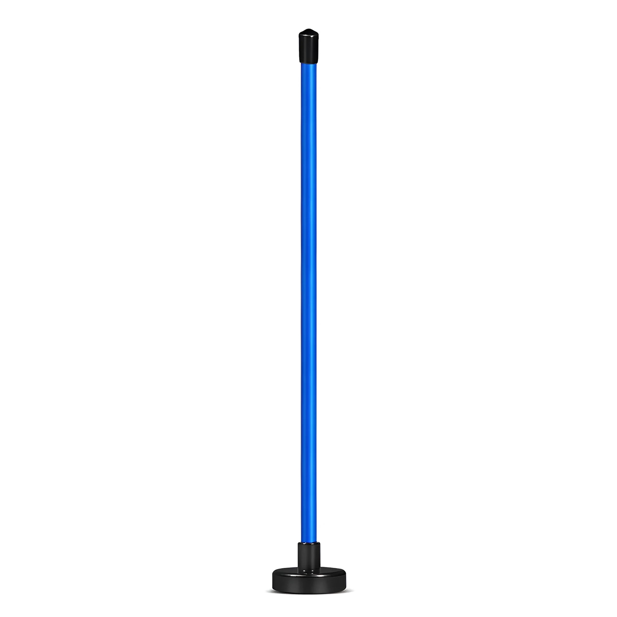 Red and blue aluminium alloy golf swing trainer with magnetic direction and alignment bar.