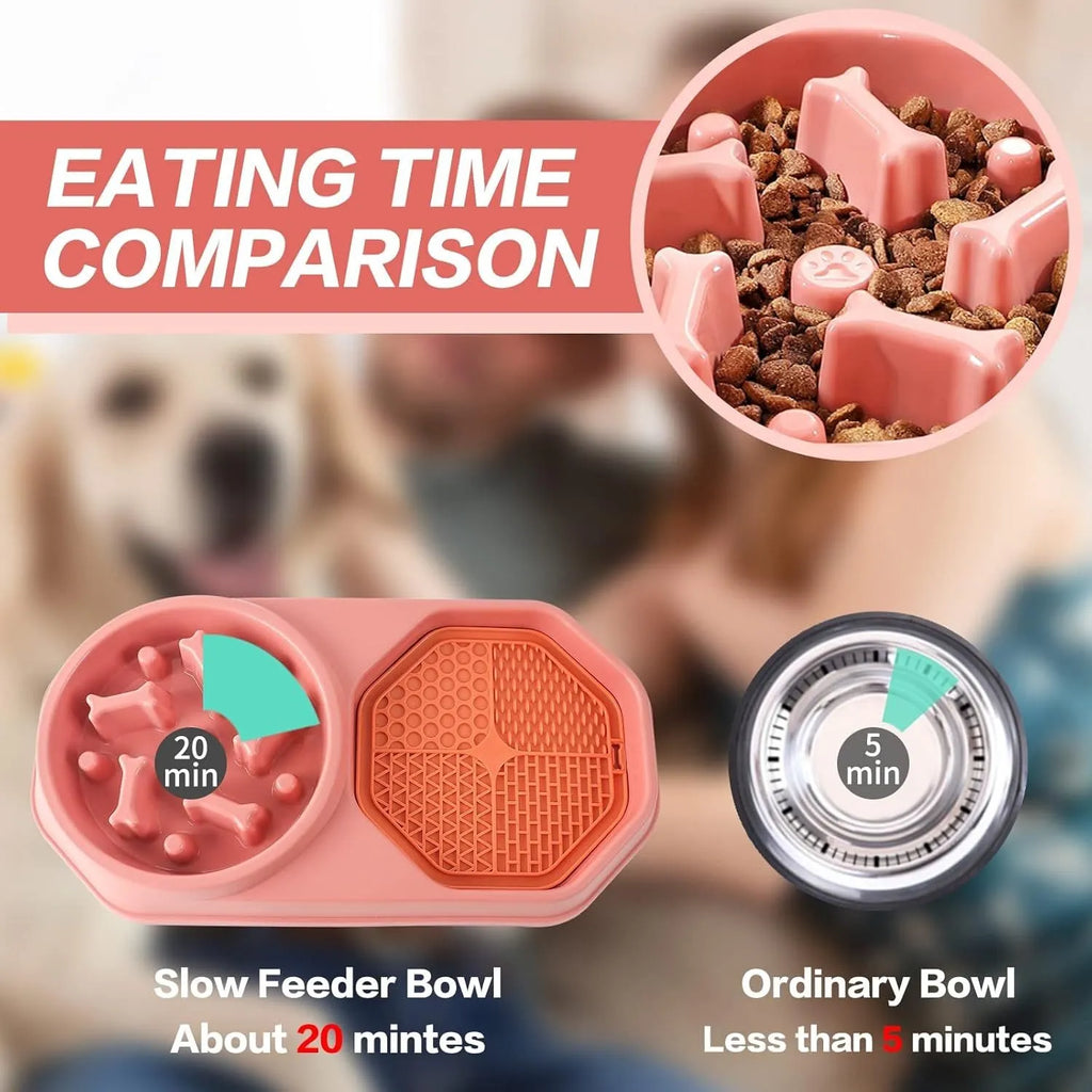 Blue slow feeder interactive dog bowl with maze pattern and non-slip base for healthy eating.