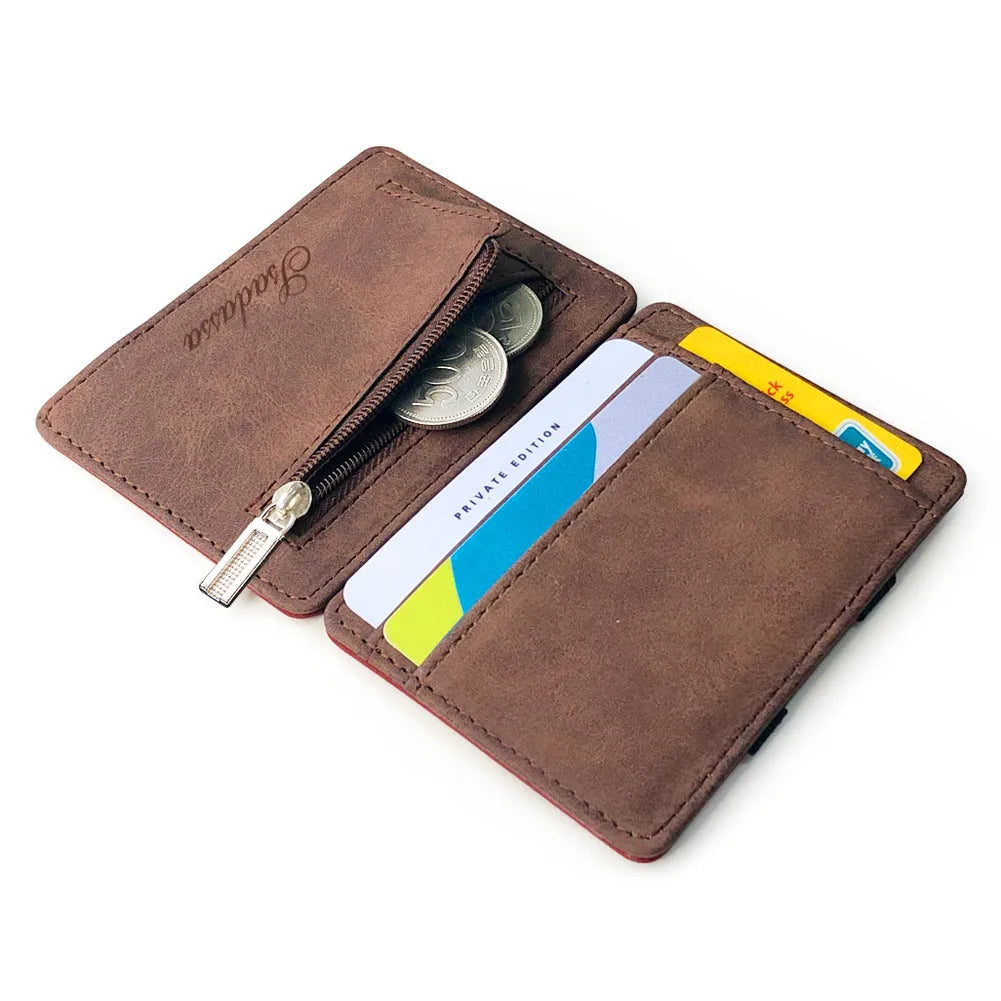 Korean style matte leather magic wallet in light gray with visible sewing lines and coin pocket