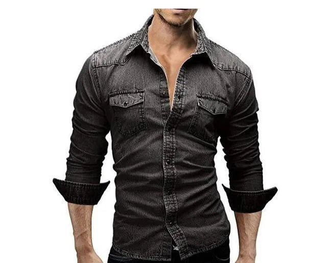 Men's cotton blend slim fit long sleeve solid colour casual shirt in blue, size M