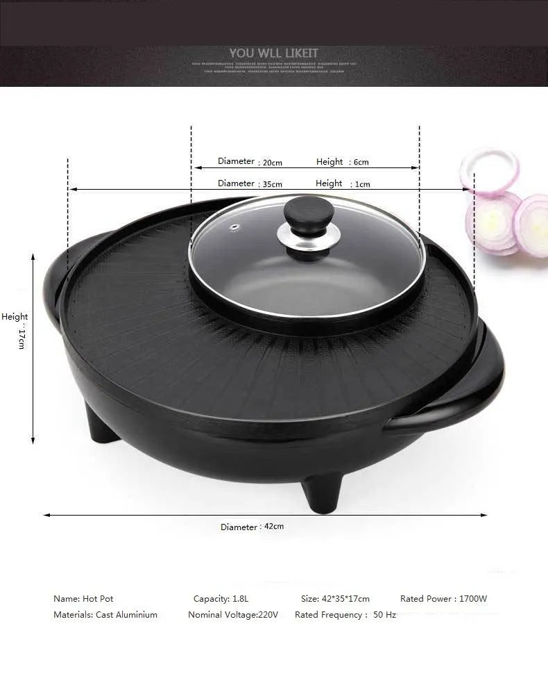 Black multifunctional electric hot pot and grill with 5L capacity, wave plate baking tray, and push-button controls on countertop