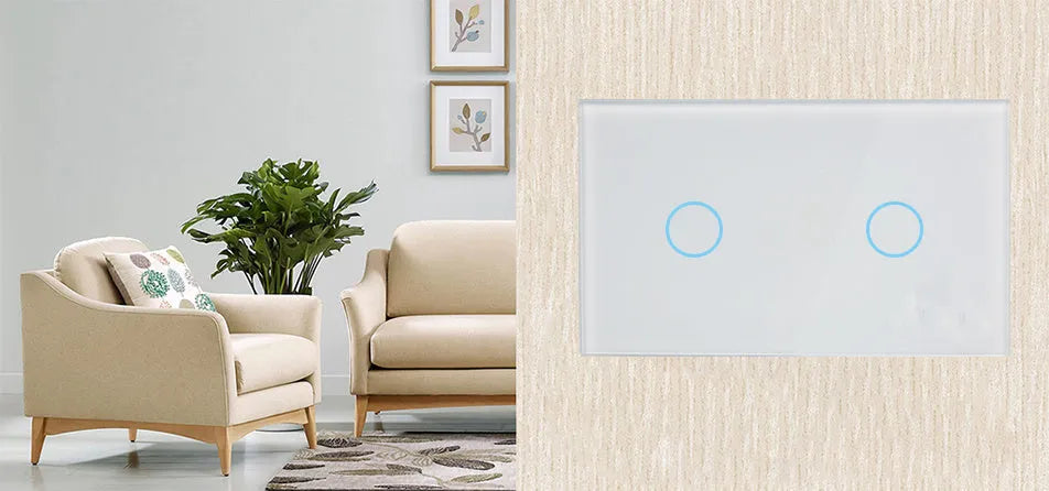White 2-gang RF remote control light switch with tempered glass touch panel and LED indicators