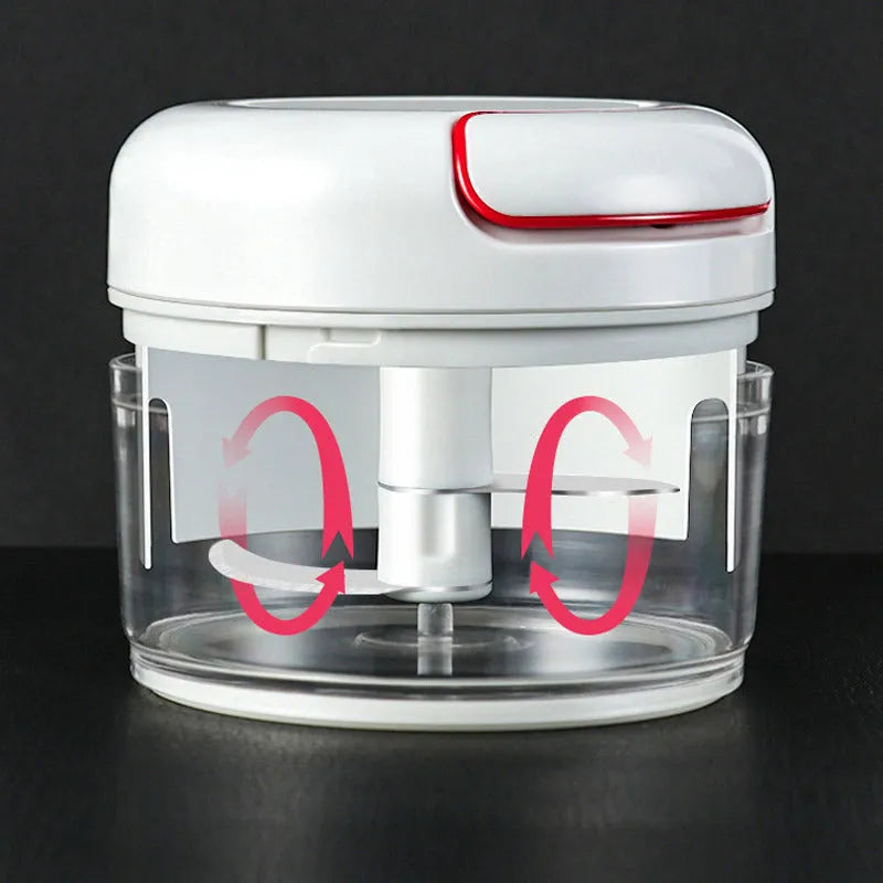 Manual cutting meat grinder with white plastic body and 304 stainless steel blade, compact size 8.5x7 cm