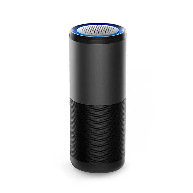 Black portable mini car air purifier with USB cable and smart sensor display