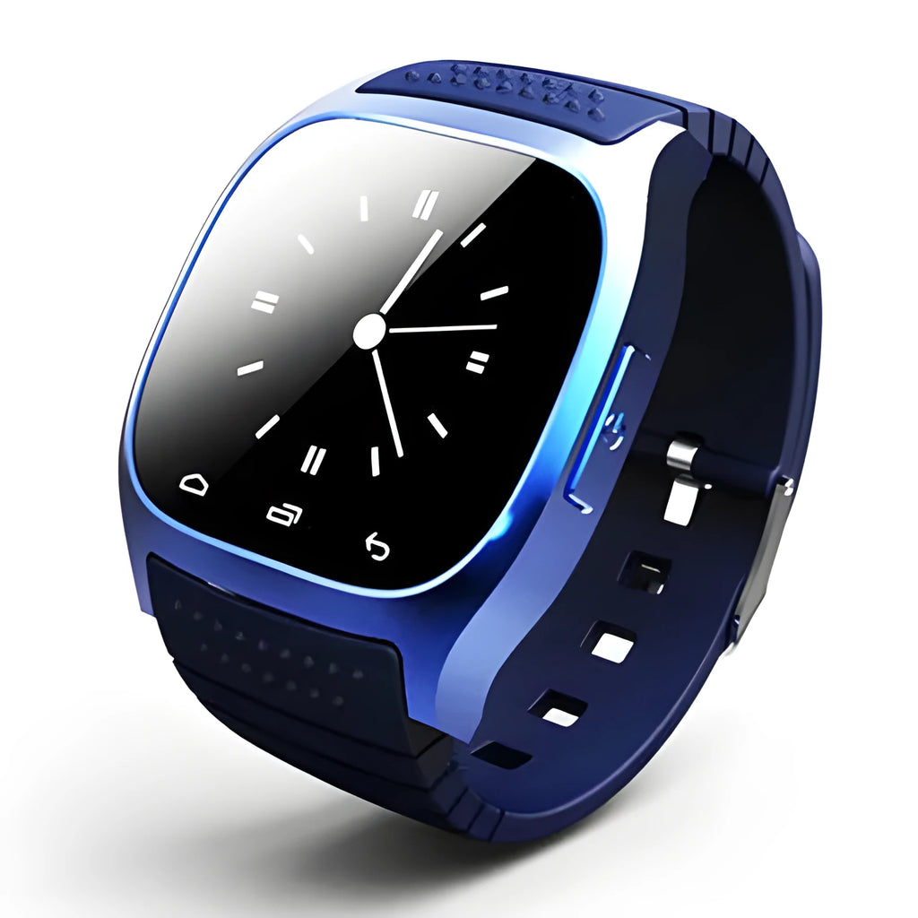 Smart Bluetooth sports watch in black white blue colours with iOS Android compatibility