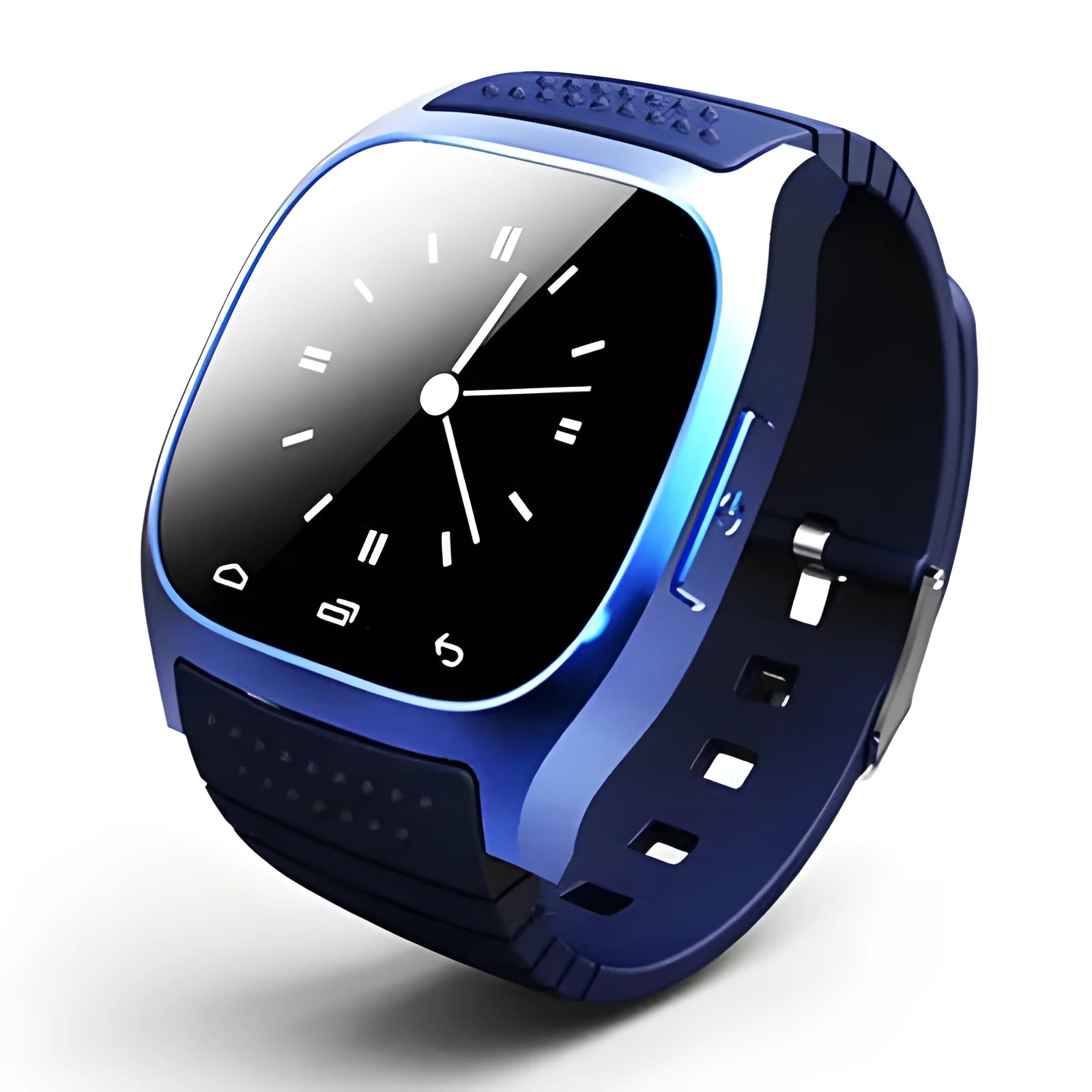 Smart Bluetooth sports watch in black white blue colours with iOS Android compatibility