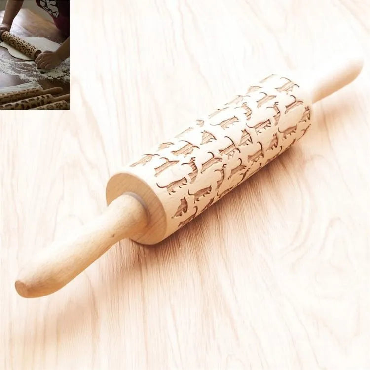 Wooden Christmas embossing rolling pin with snowflake pattern, 45cm length, natural wood finish
