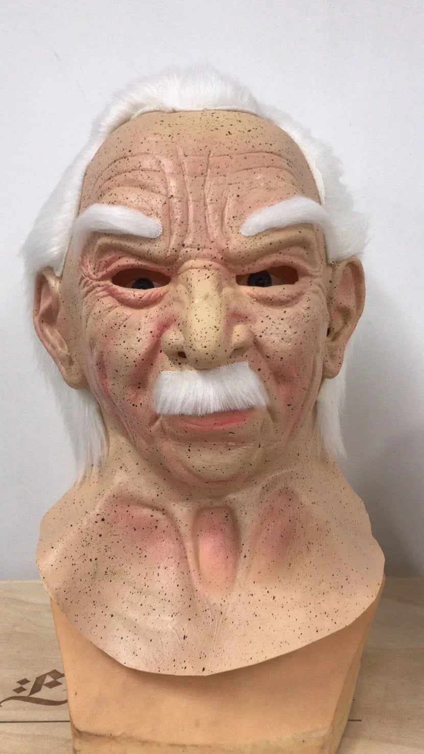 Latex Halloween old man mask with white hair and white beard, curly hair style on display