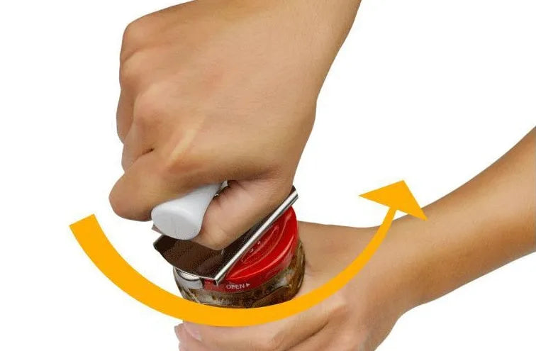 White stainless steel adjustable bottle opener with gear mechanism and PP anti-skid handle on a surface