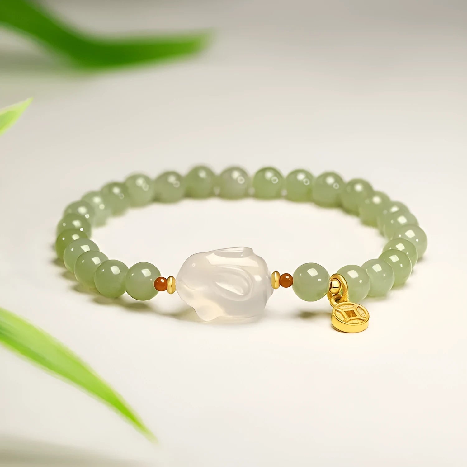 Handmade Hetian jade rabbit bracelet for women, glass and coloured glaze, 8mm and 10mm beads, gift box options