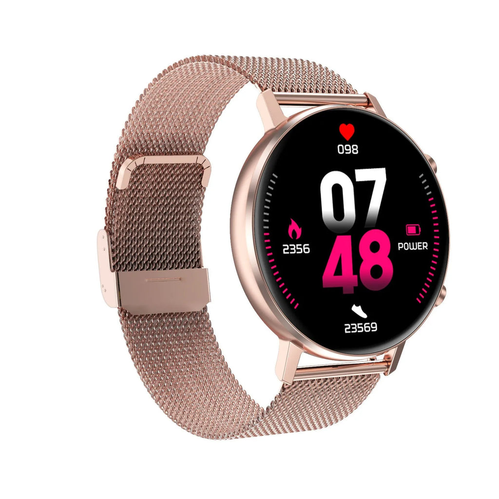 DT96 smart bracelet with silver stainless steel strap and 1.3-inch colour touchscreen display.
