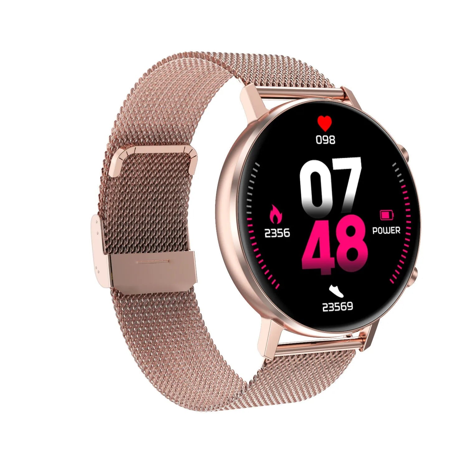 DT96 smart bracelet with silver stainless steel strap and 1.3-inch colour touchscreen display.