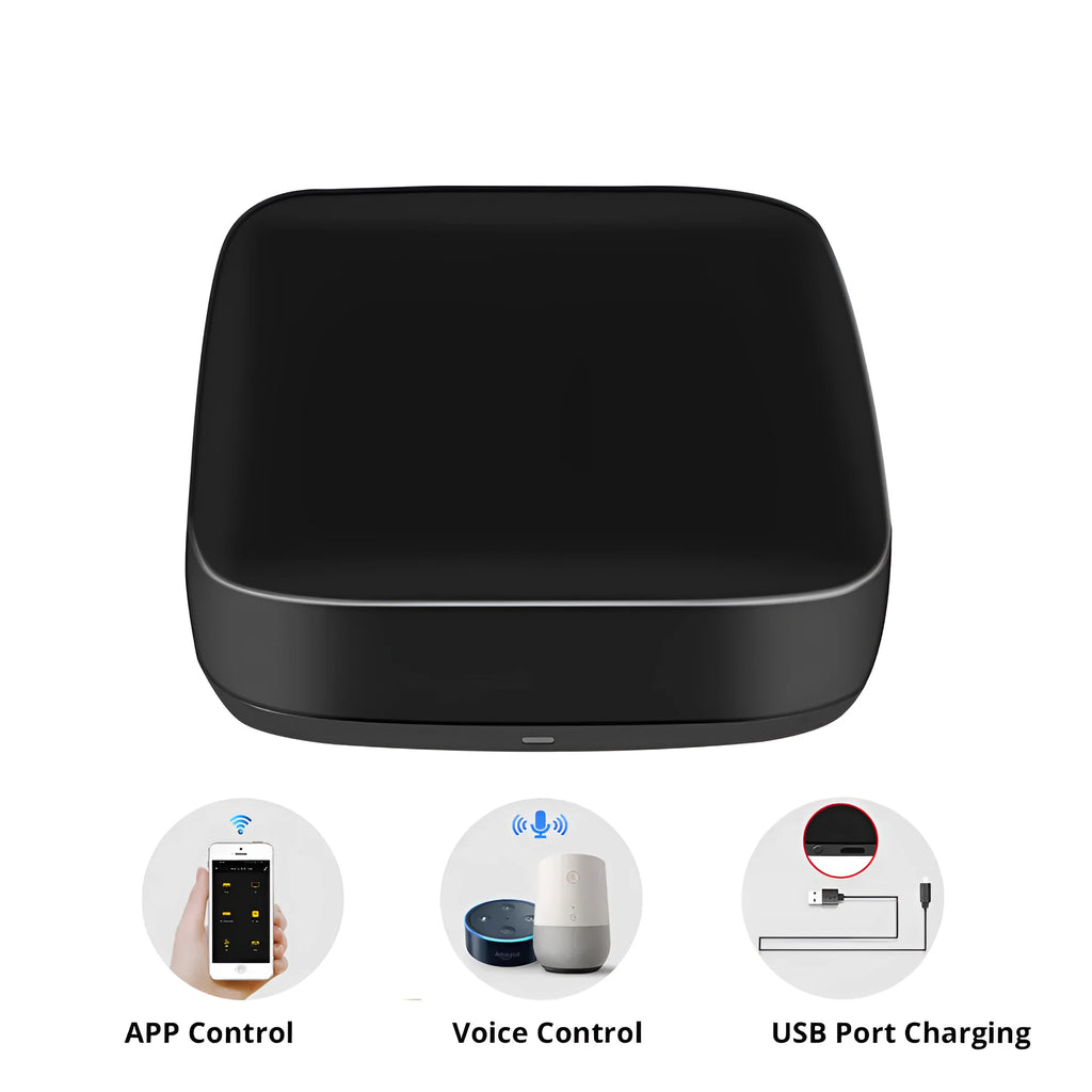 Black voice control universal infrared remote control with WiFi connectivity for smart home automation