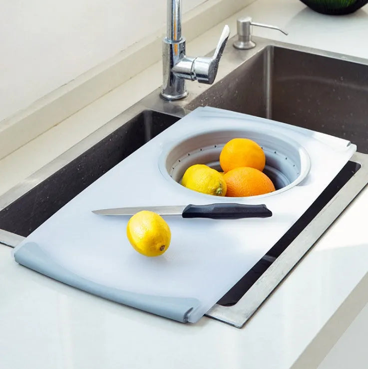 Gray PP+TPR multi-functional 3 in 1 chopping board with detachable folding drain basket and thickened cutting surface