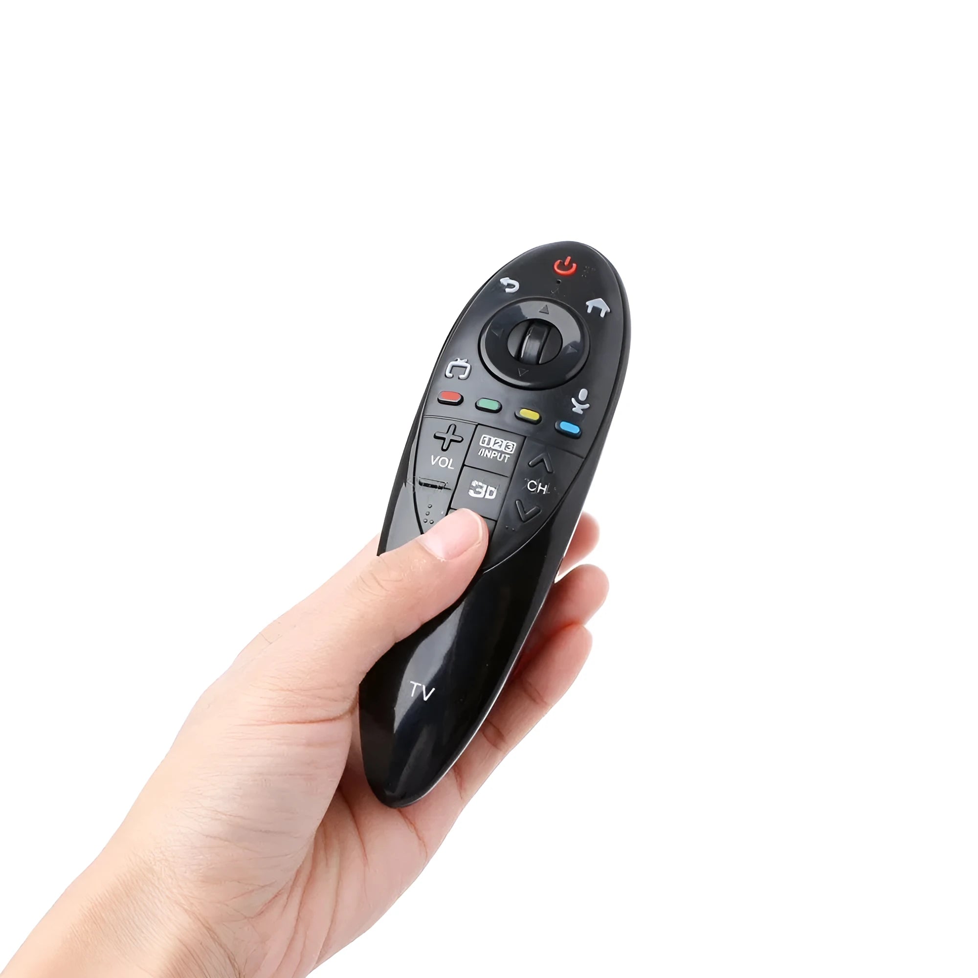 Black ABS remote control for LG AN-MR500G/AN-MR500, side view showing button layout and compact size