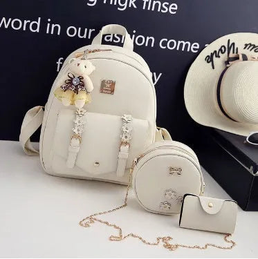 Three-piece PU leather bag set for teenage girls including backpack, shoulder bag and card holder