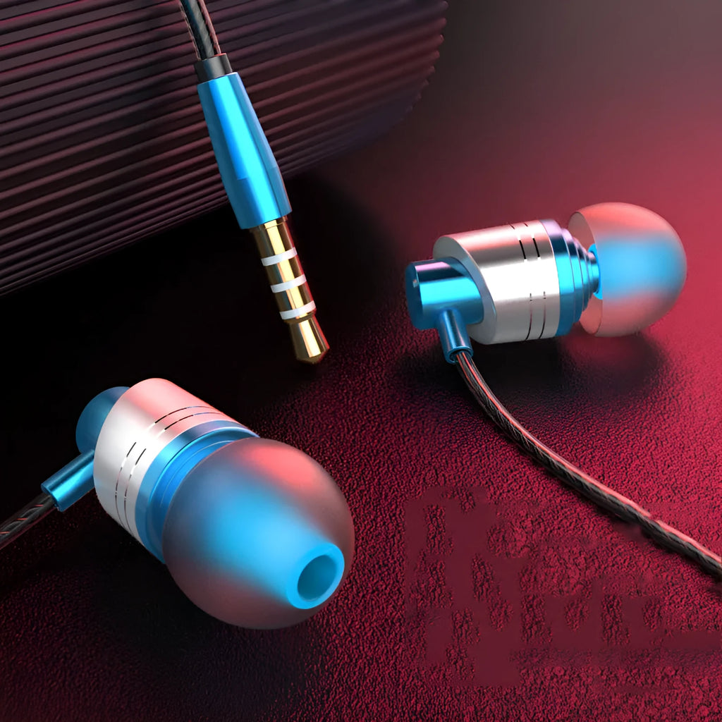 Wired in-ear headphones with microphone in black, blue, or red colour options, showing 3.5mm plug and silicone eartips.