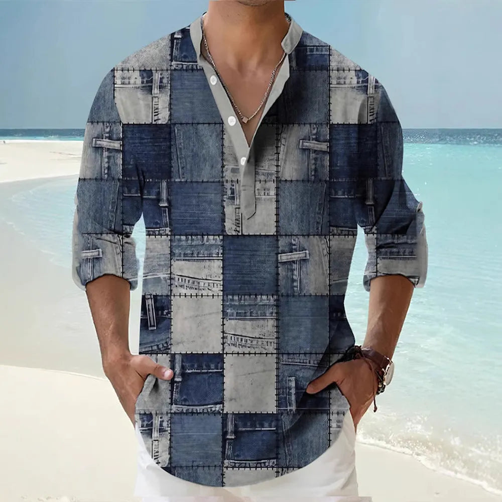 Long sleeve striped Hawaiian casual shirt in thin bamboo linen texture polyester fabric