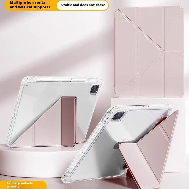Transparent acrylic iPad protective cover showing magnetic attachment points and built-in viewing bracket