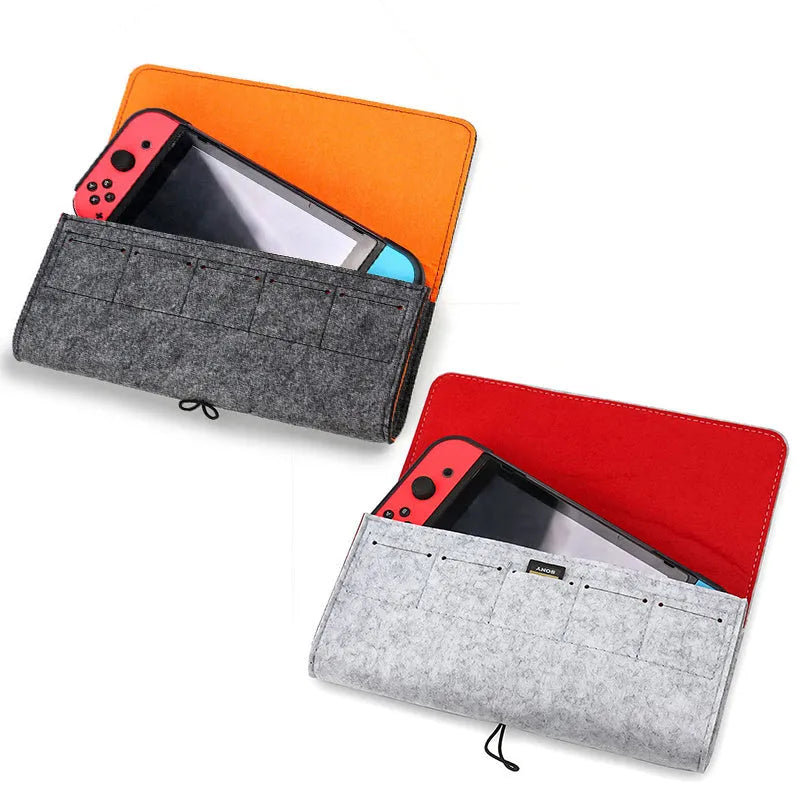 Black felt pouch for Nintendo Switch open to show console compartment and game card slots