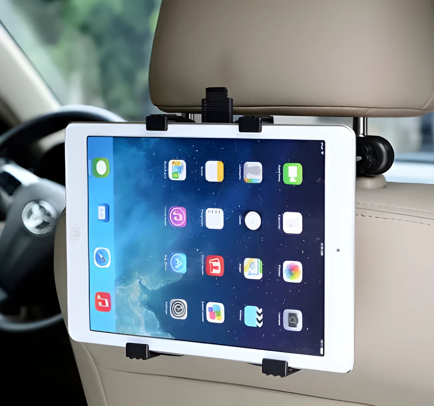 Universal tablet holder for car rear seat, black, rotary bracket, 121x270mm, attached to headrest