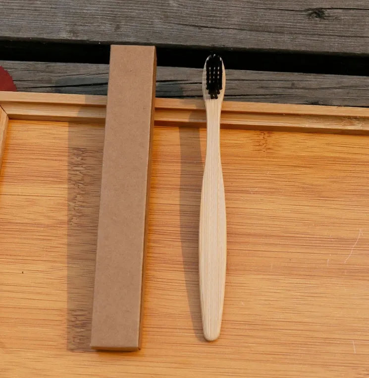 Eco friendly bamboo soft fibre toothbrush with biodegradable handle and soft PBT bristles