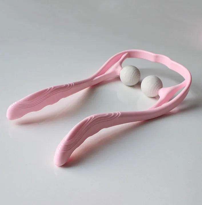Blue plastic swan-shaped handheld neck massager with a flexible stand on a white background.
