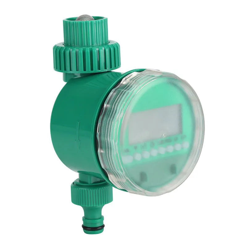 Automatic watering timer in green for drip irrigation with dial interface and brass connectors