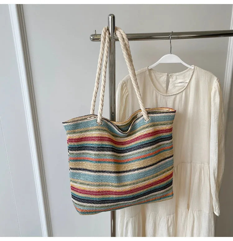 Blue woven nylon shoulder bag with large capacity and a single strap