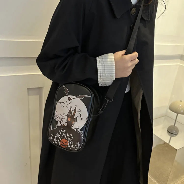 Halloween graffiti print crossbody phone bag with pumpkin ghost bat design in PU material