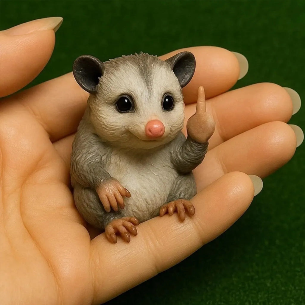 Mini resin animal doll making a vertical middle finger gesture, available in cat, dog, elephant, frog, mouse, turtle, and highland cattle designs.