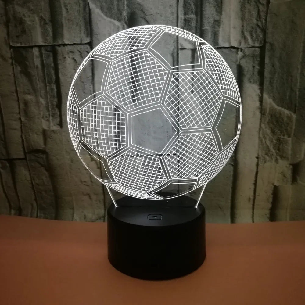 3D football night light with colourful projection on acrylic display, ABS base, showing colour-changing options.