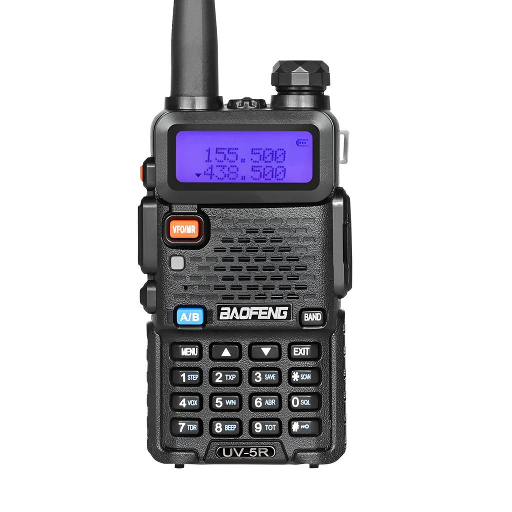 Black walkie talkie with antenna showing LCD display showing channel 1