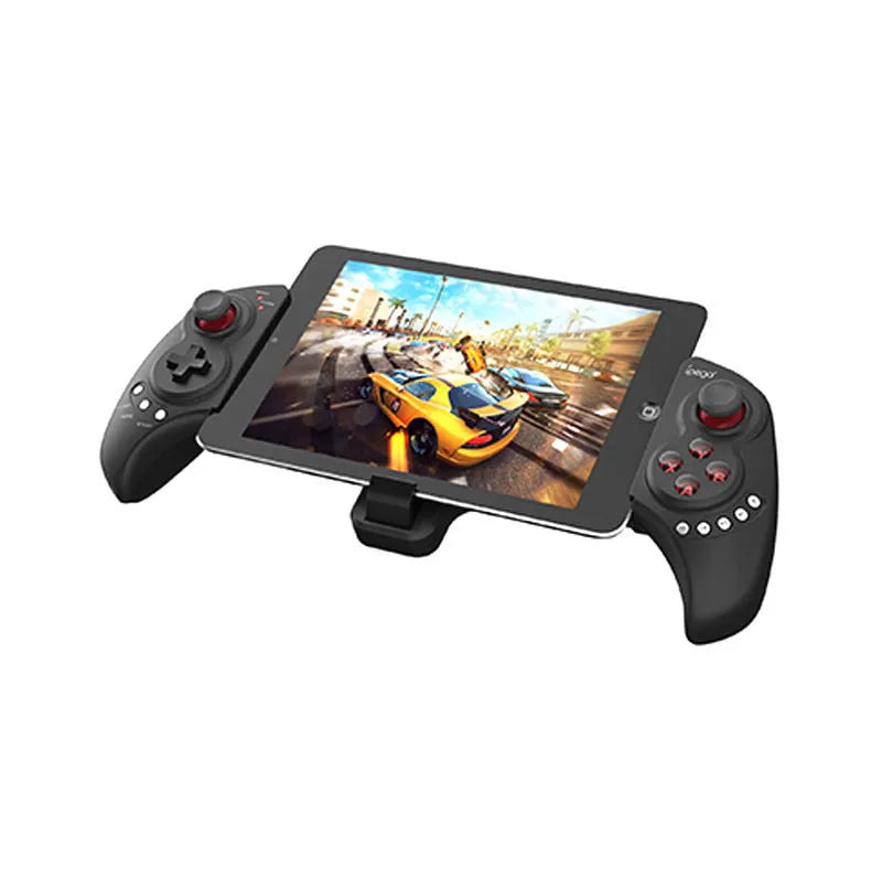 Telescopic wireless game controller extended to hold a mobile phone, showing USB connector.