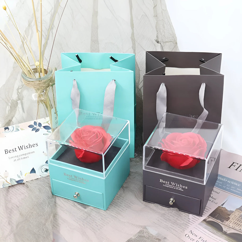 Eternal flower gift box for jewellery storage in pink with flannel lining and acrylic window