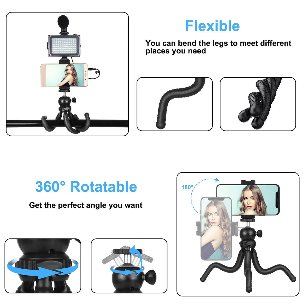 Black Octopus Tripod Live Broadcast Kit with flexible legs, fill light, and microphone on a table