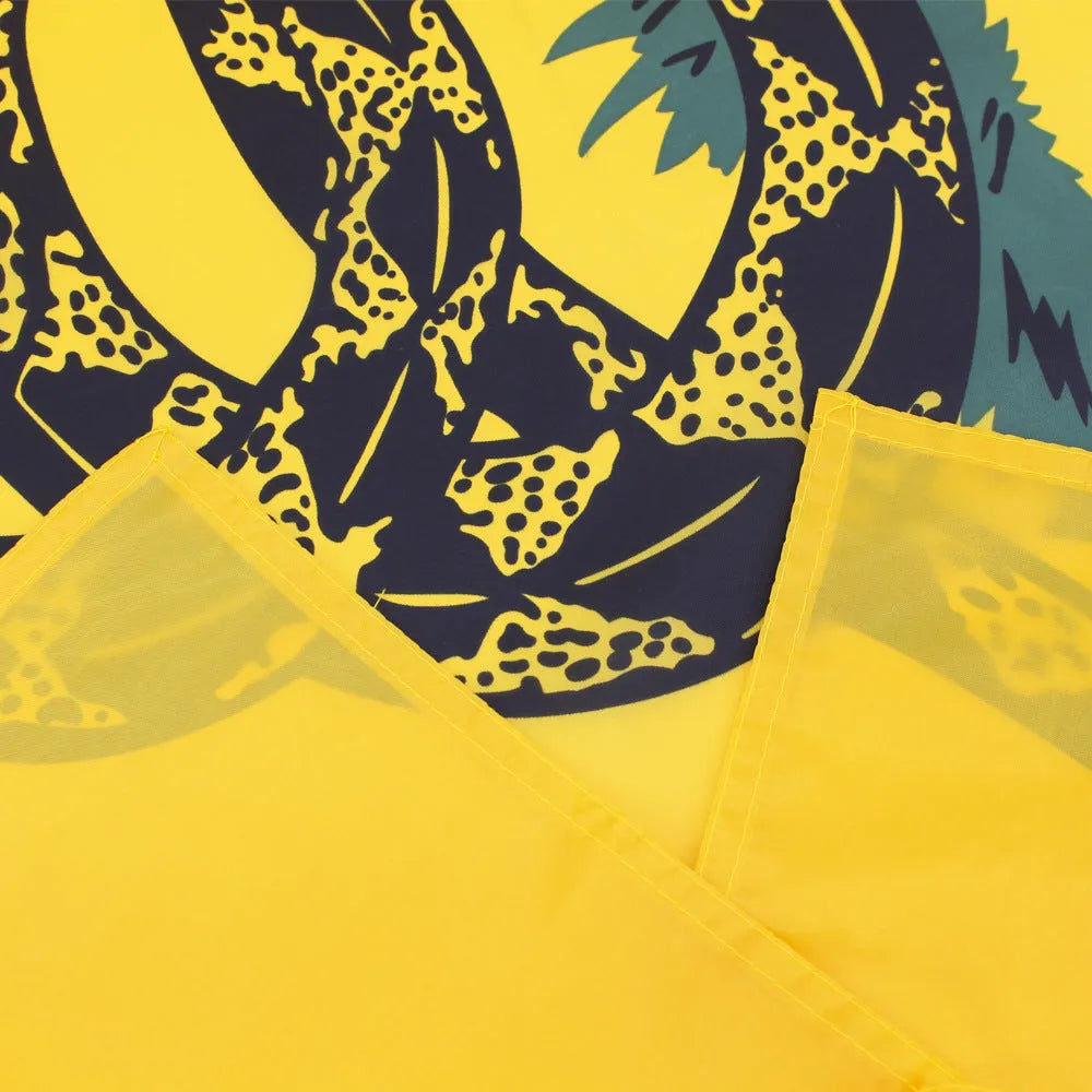 Yellow polyester screen printed garden decoration flag measuring 90 by 150 centimetres on a white background